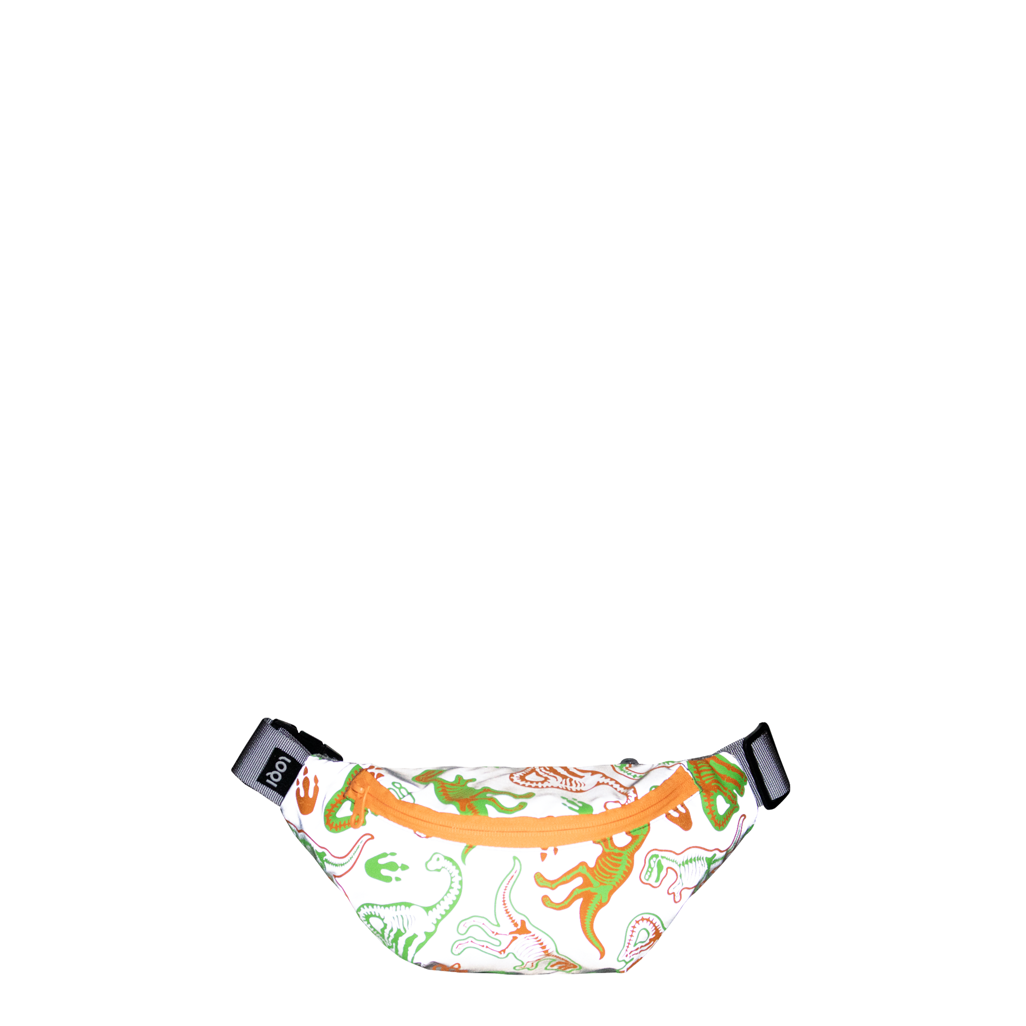 Biała nerka odblaskowa skeleton z kolorowym wzorem dinozaurów i pomarańczowym suwakiem od Yamann