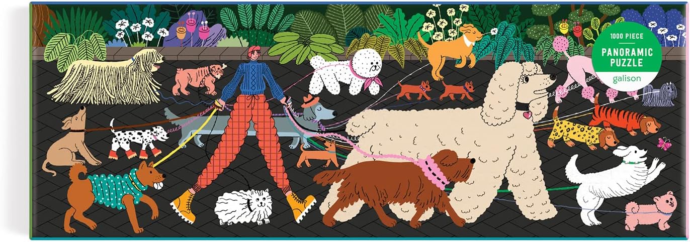 Puzzle z psami 1000 elementów Galison z kolorowymi ilustracjami różnych ras psów na spacerze