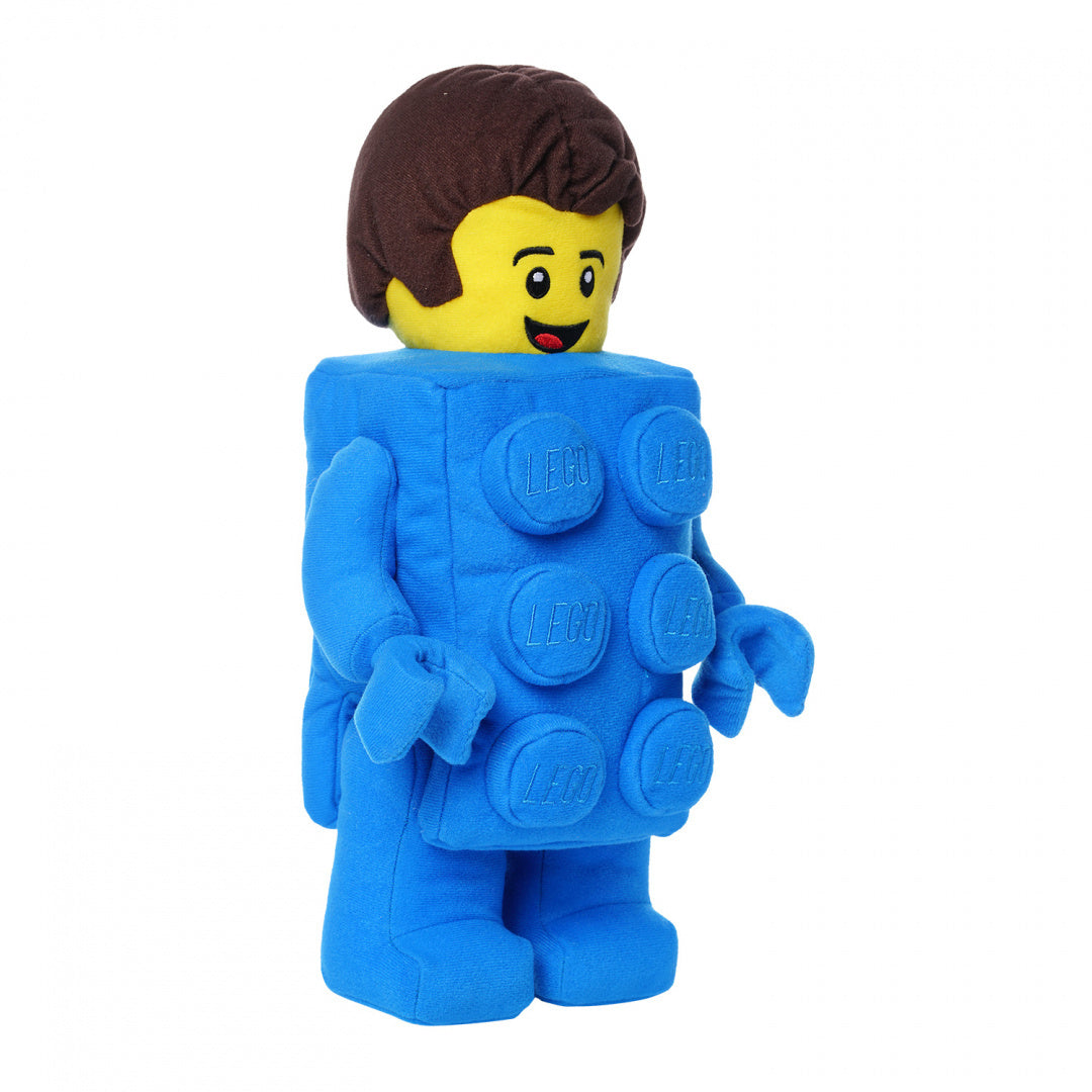 Pluszak LEGO Brick Suit Boy w niebieskim stroju klocka LEGO z uśmiechniętą twarzą i brązowymi włosami