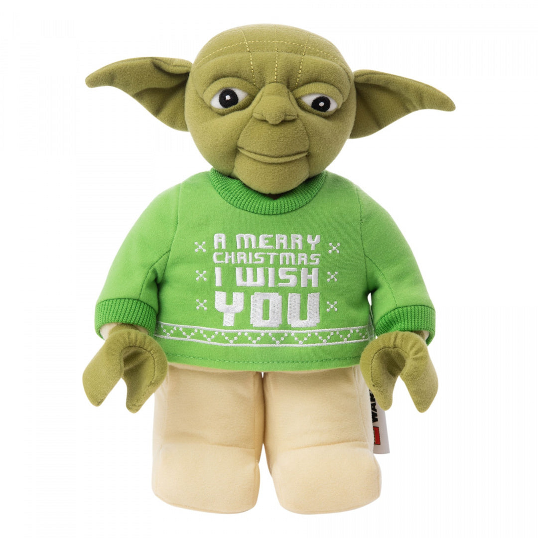 pluszak Yoda LEGO Star Wars w zielonym swetrze z napisem A Merry Christmas I Wish You