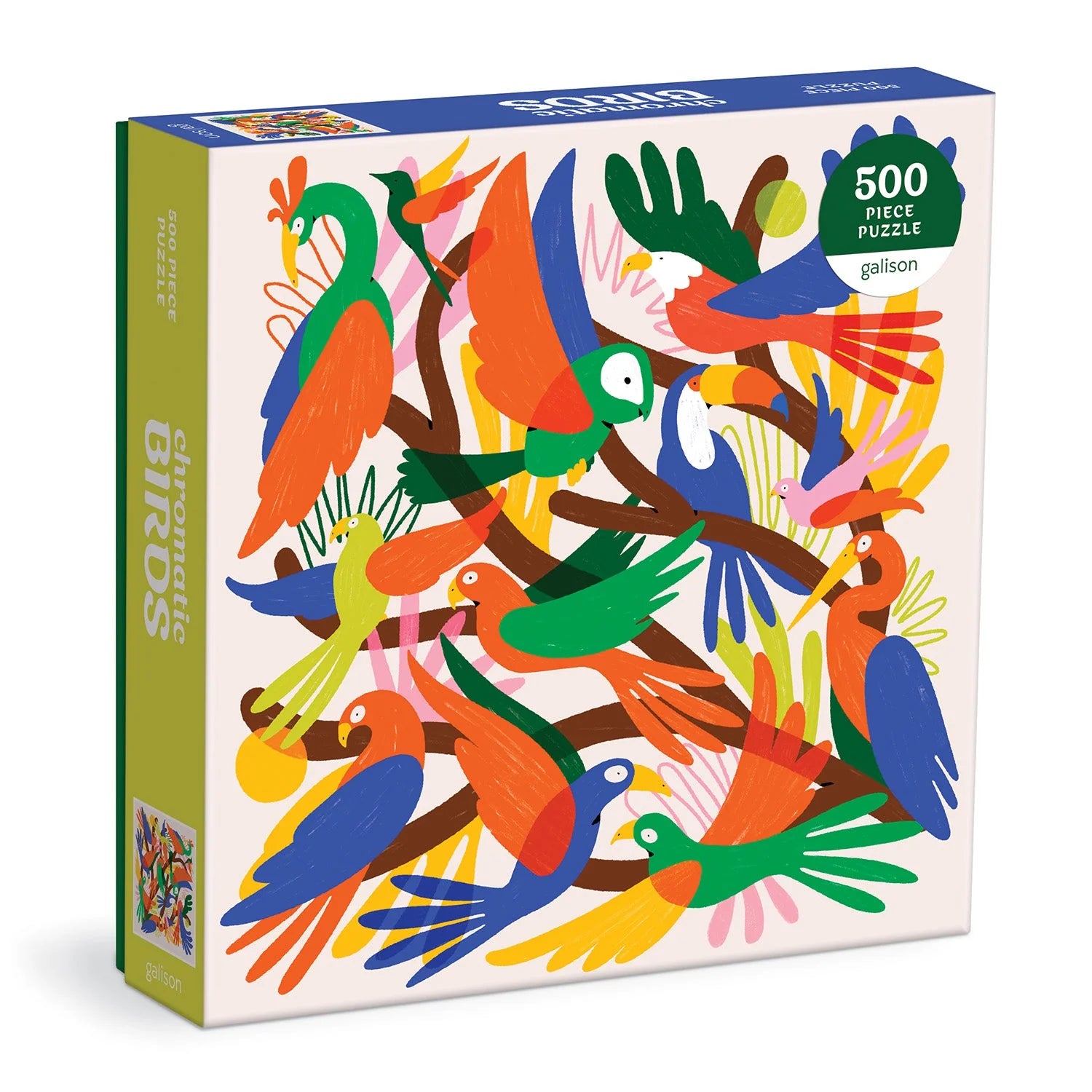 Puzzle z ptakami 500 elementów od Galison z kolorowymi ilustracjami ptaków na opakowaniu