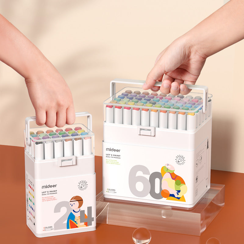 Zestaw pisaków dwustronnych dla dzieci marki mideer w pojemnikach z rączką z kolorowymi końcówkami
