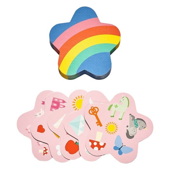 gra znajdź obrazek jednorożce kolorowa gra karciana z motywem tęczy i kształtów gwiazdek