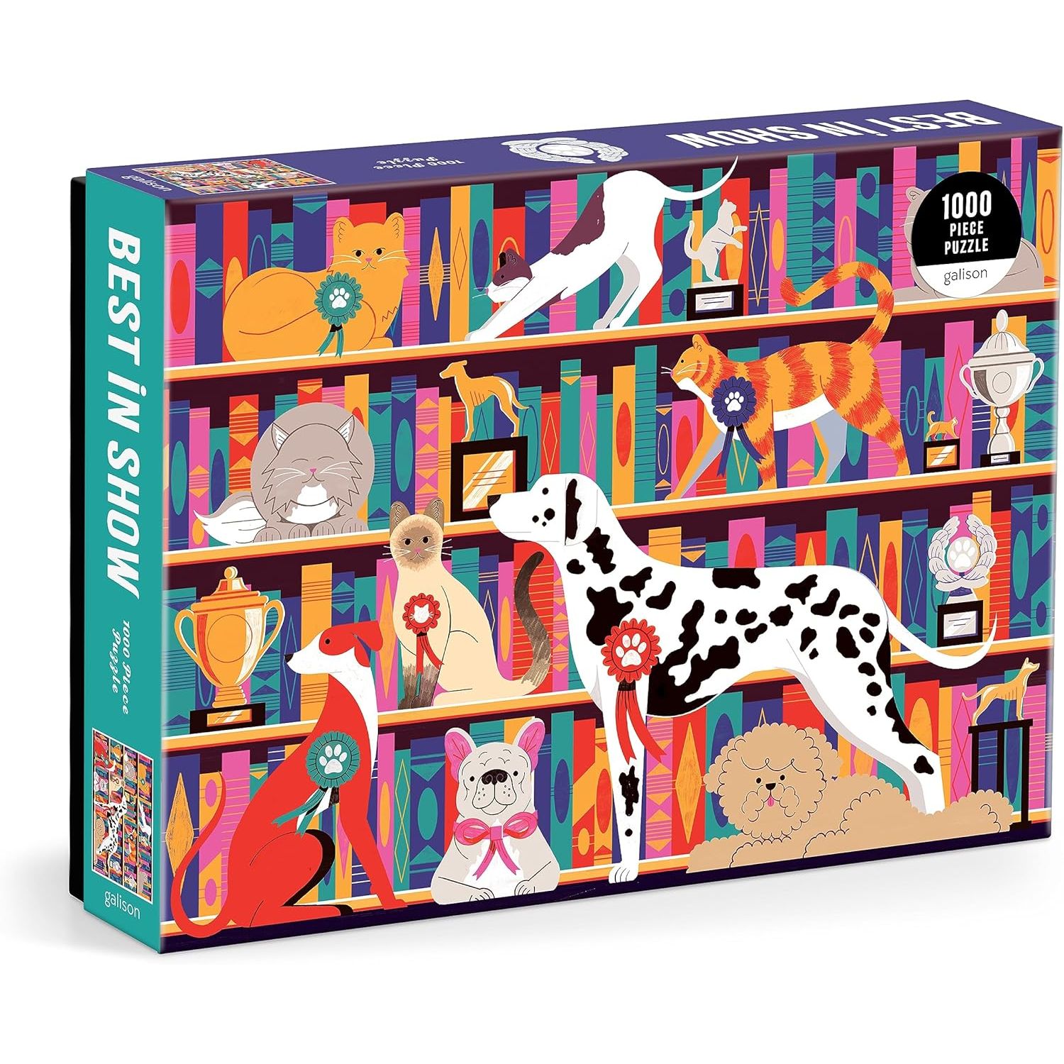 Puzzle 1000 elementów dla dorosłych z obrazem psów i kotów na tle półki z trofeami