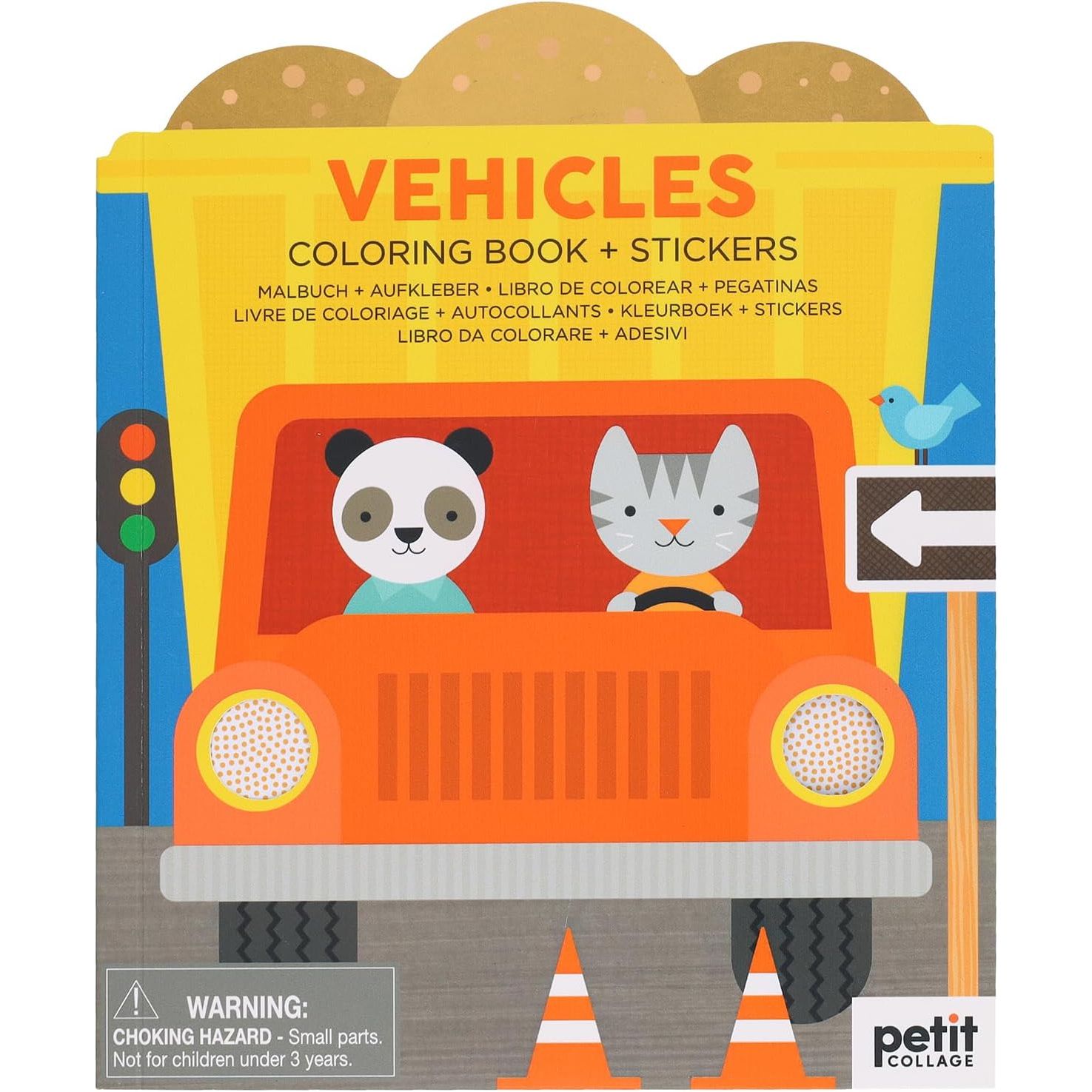 Kolorowanka pojazdy dla dzieci z naklejkami, z obrazkiem misia i kota w pomarańczowym samochodzie