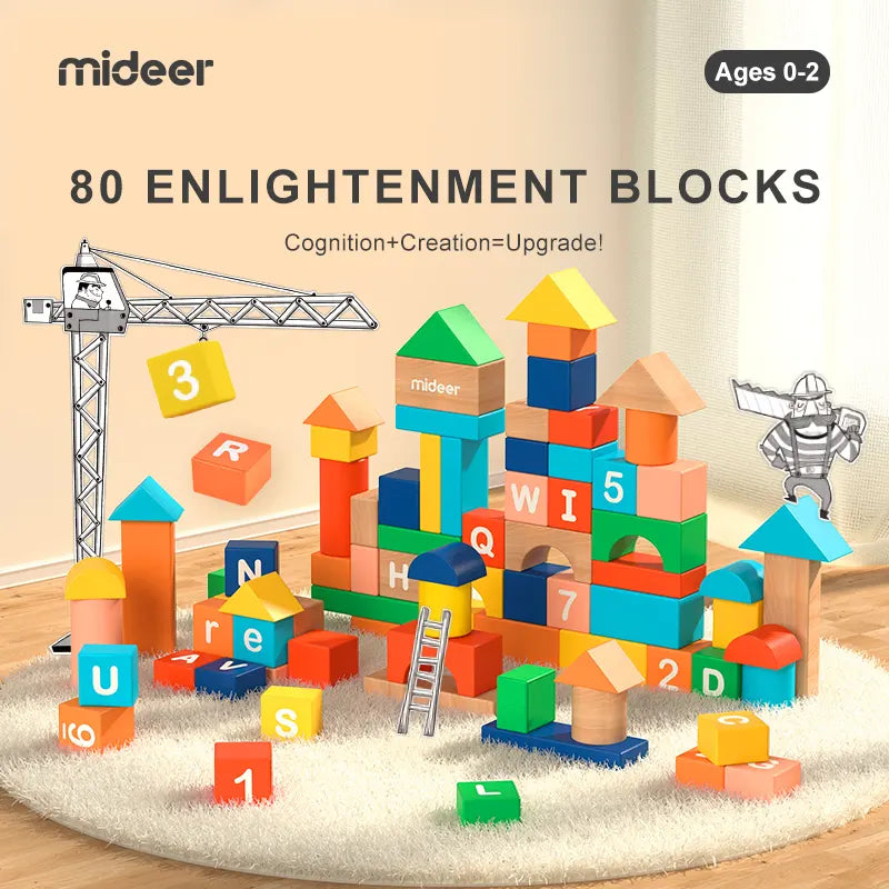 Kolorowe drewniane klocki dla dzieci ułożone w różne budowle na dywanie, zestaw edukacyjny