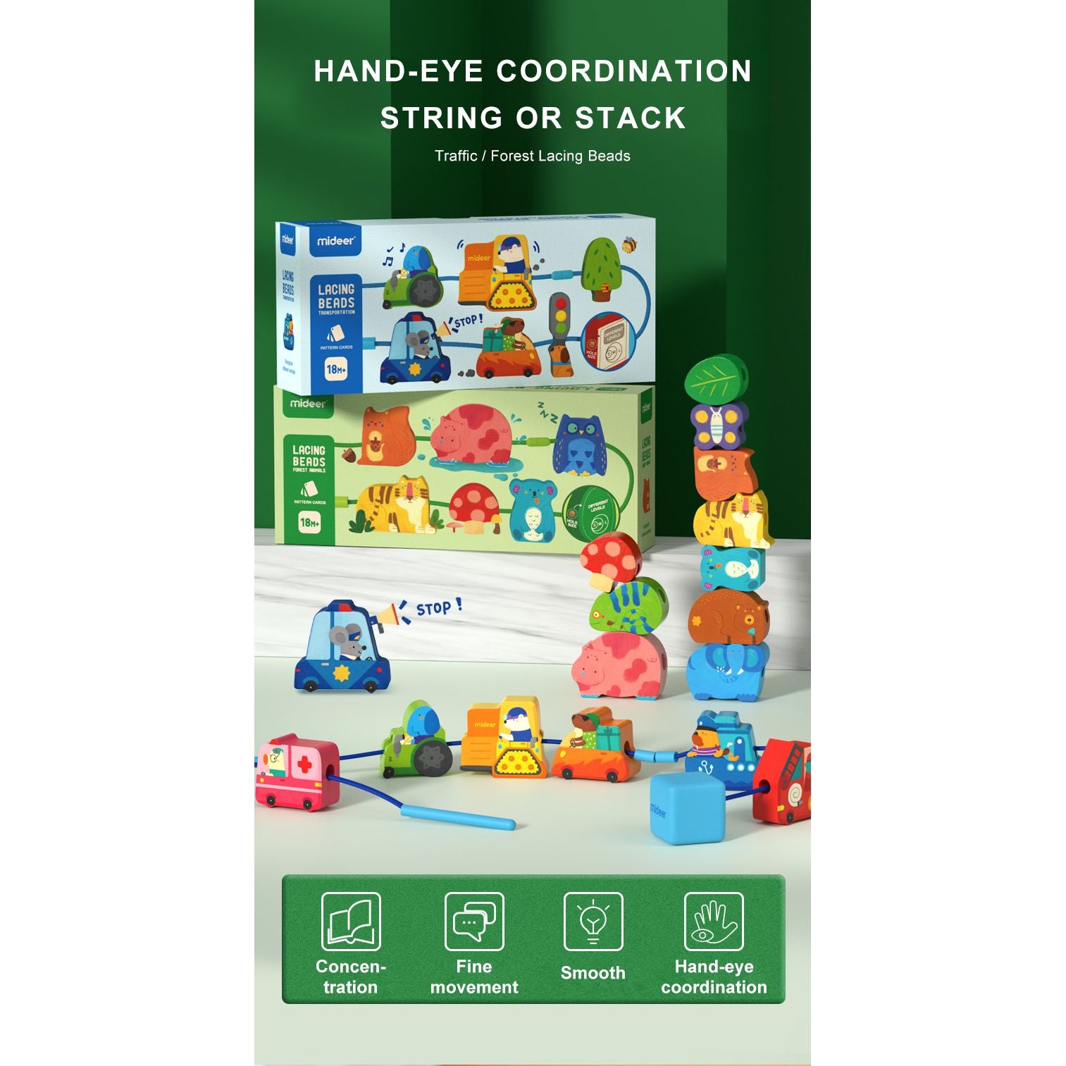 Zestaw do przeplatania leśne zwierzęta od MOB z kolorowymi drewnianymi figurkami do nauki koordynacji ręka-oko