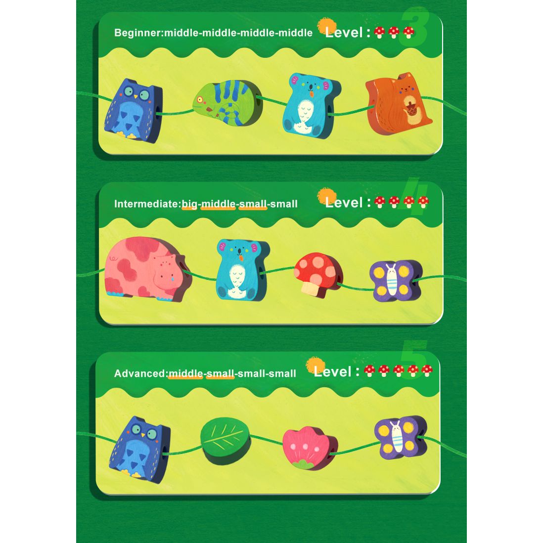 Zestaw do przeplatania leśne zwierzęta z kolorowymi drewnianymi klockami w kształcie zwierząt i liści