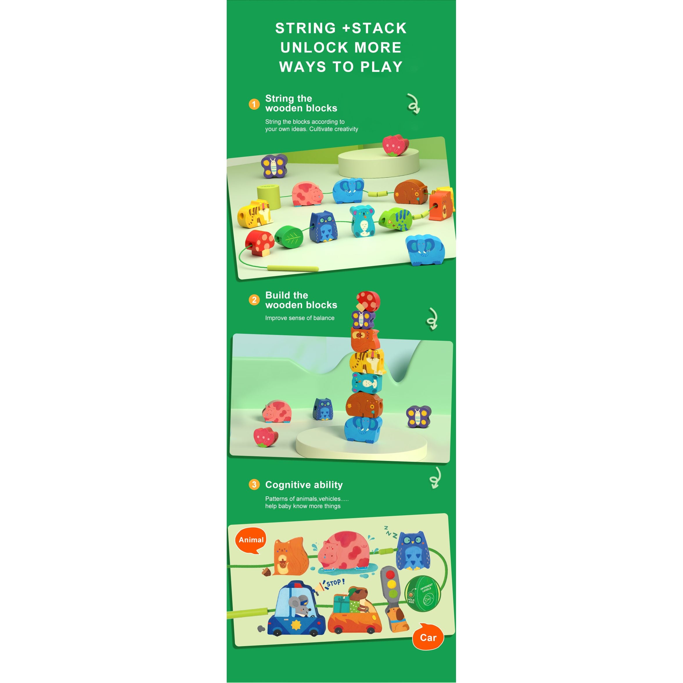 Zestaw do przeplatania leśne zwierzęta drewniane klocki do nawlekania i układania