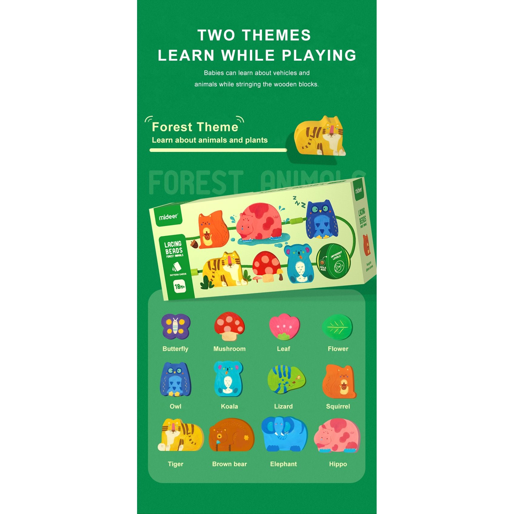 Zestaw do przeplatania leśne zwierzęta MOB z kolorowymi drewnianymi klockami z motywem lasu i zwierząt