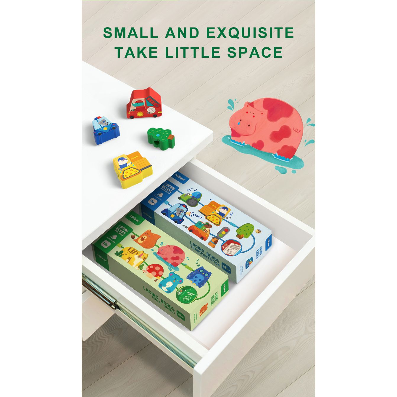 Zestaw do przeplatania leśne zwierzęta od MOB, małe drewniane klocki z motywem zwierząt leśnych w pudełkach w szufladzie