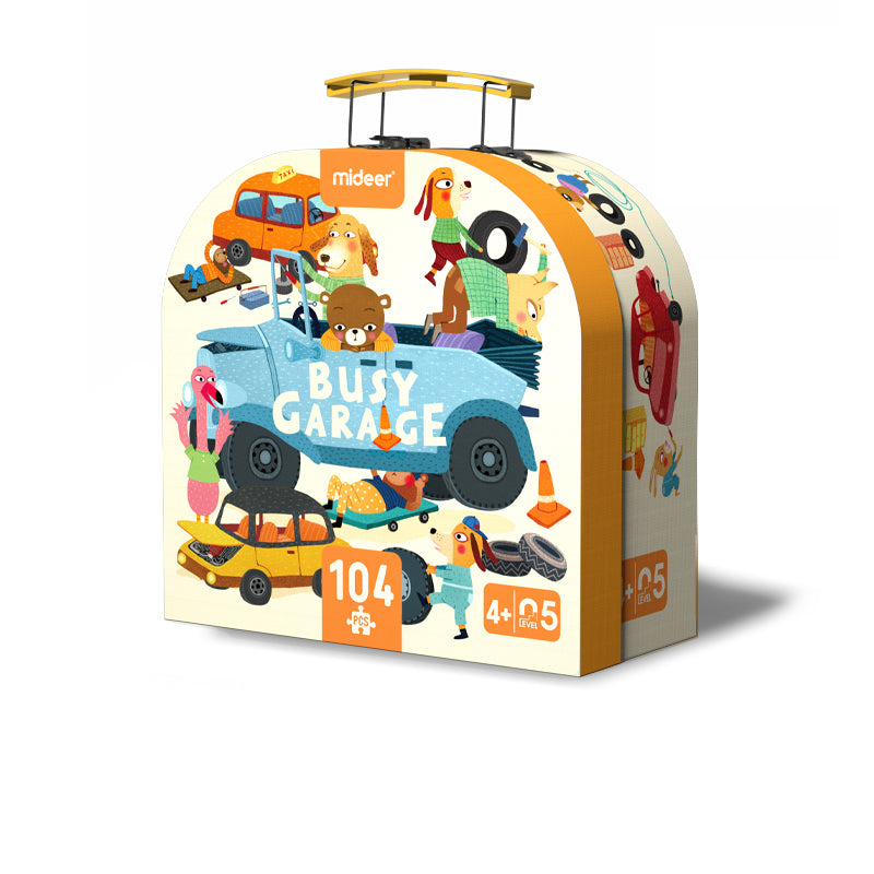 Puzzle dla dzieci w walizce marki mideer z motywem busy garage i 104 elementami
