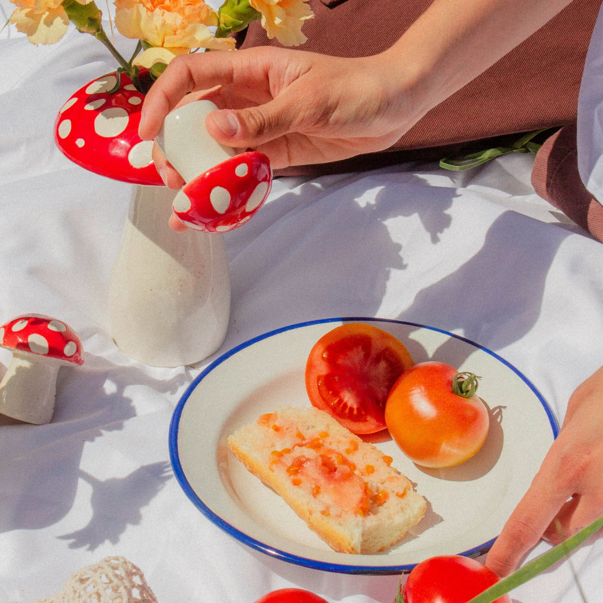 Solniczka i pieprzniczka muchomorki DOIY na piknikowym kocu obok talerza z pieczywem i pomidorami