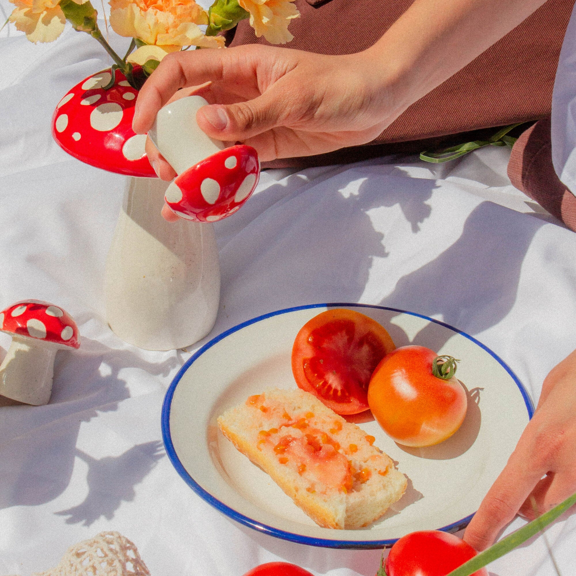 Solniczka i pieprzniczka muchomorki DOIY na piknikowym kocu obok talerza z pieczywem i pomidorami