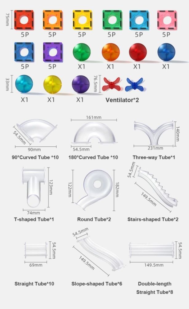 Zestaw klocków magnetycznych tor kulkowy z różnokolorowymi elementami i rurkami do budowy ścieżek