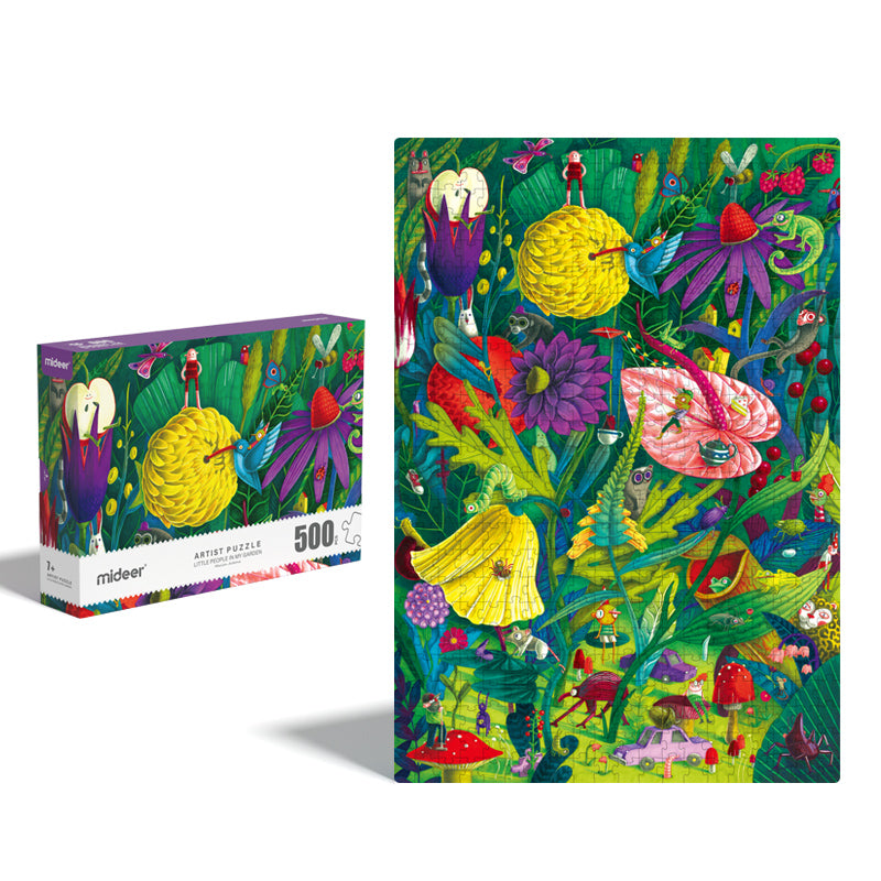 Kolorowe puzzle artystyczne mideer ogrodowe ludki z 500 elementów przedstawiające bajkowy ogród