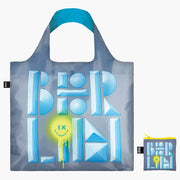 Torba LOQI Berlin z kolorowym napisem Berlin na szarym tle z niebieskimi uchwytami