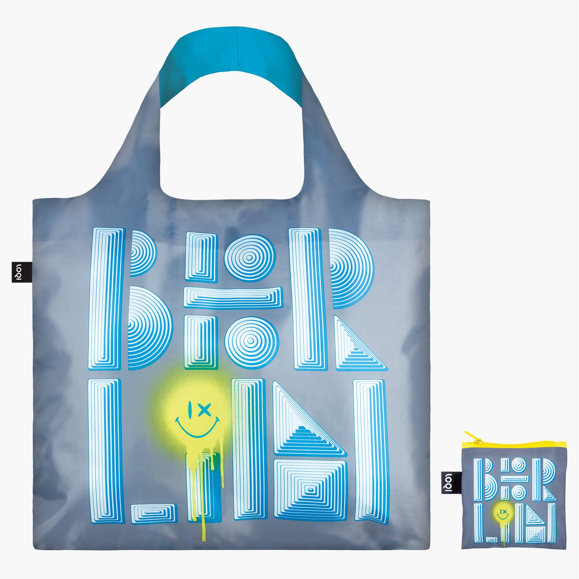 Torba LOQI Berlin z kolorowym napisem Berlin na szarym tle z niebieskimi uchwytami