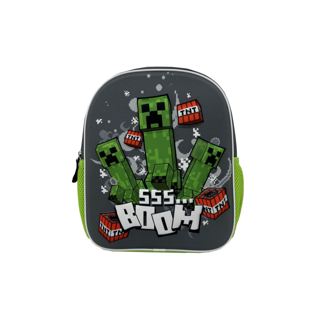 Plecak Minecraft dla dzieci z motywem Creeperów i skrzynek TNT na szarym tle