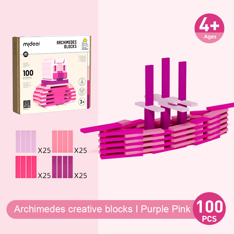 drewniane klocki Archimedes fioletowo-różowy zestaw 100 elementów do kreatywnej zabawy