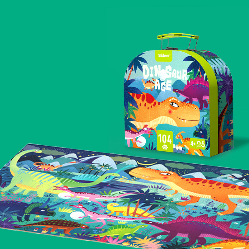 Puzzle dinozaury dla dzieci marki Mideer z kolorowymi dinozaurami i 104 elementami w opakowaniu