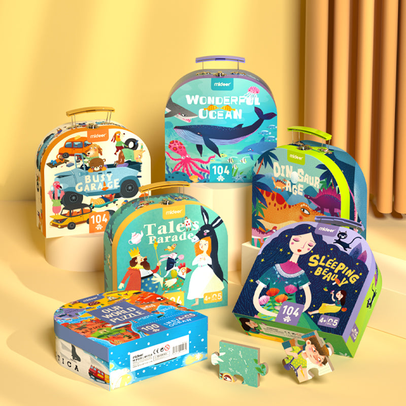 Puzzle dinozaury dla dzieci marki mideer z kolorowymi ilustracjami w walizkach do zabawy