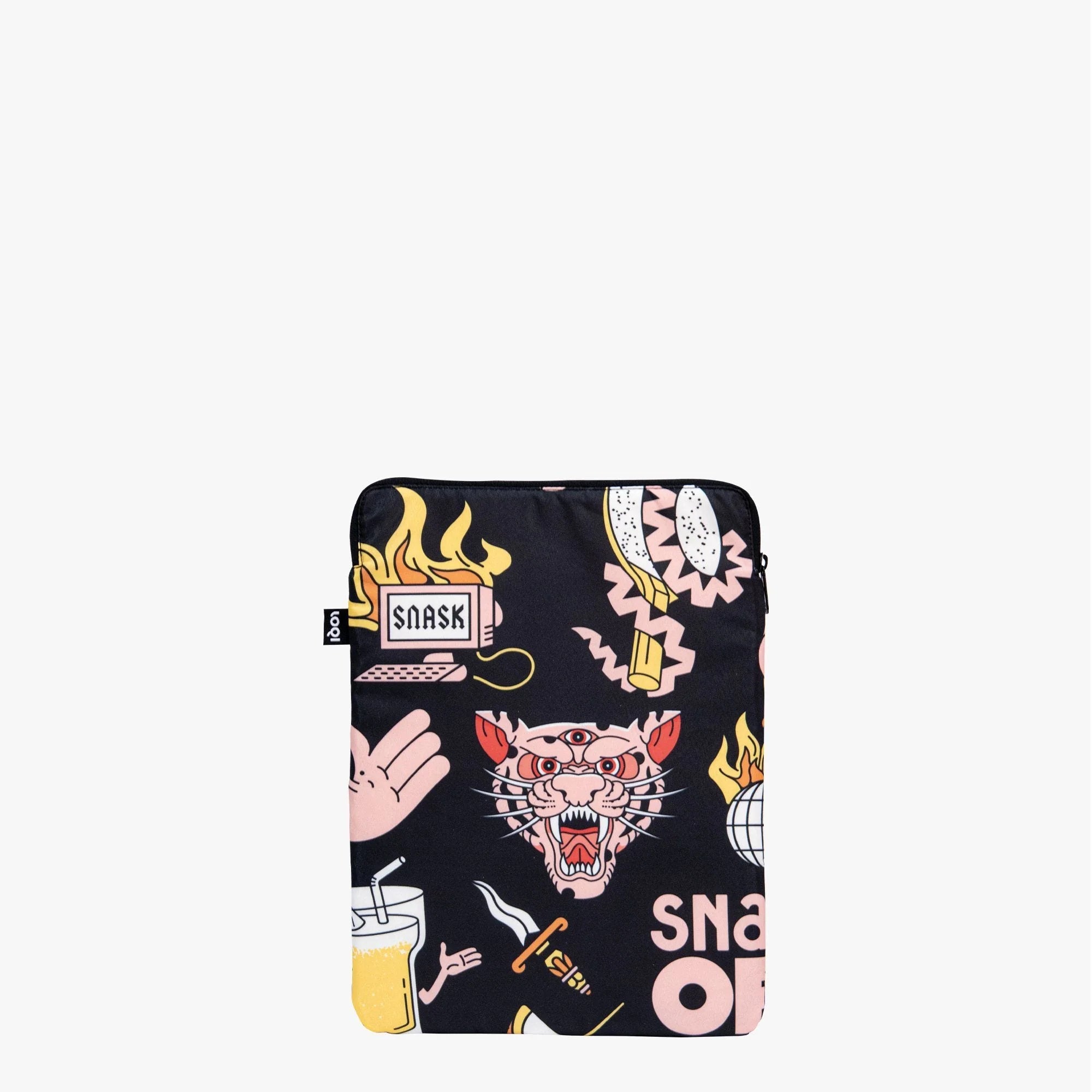 Torba na laptopa LOQI z kolorowym nadrukiem zwierzęcia i symbolami na czarnym tle