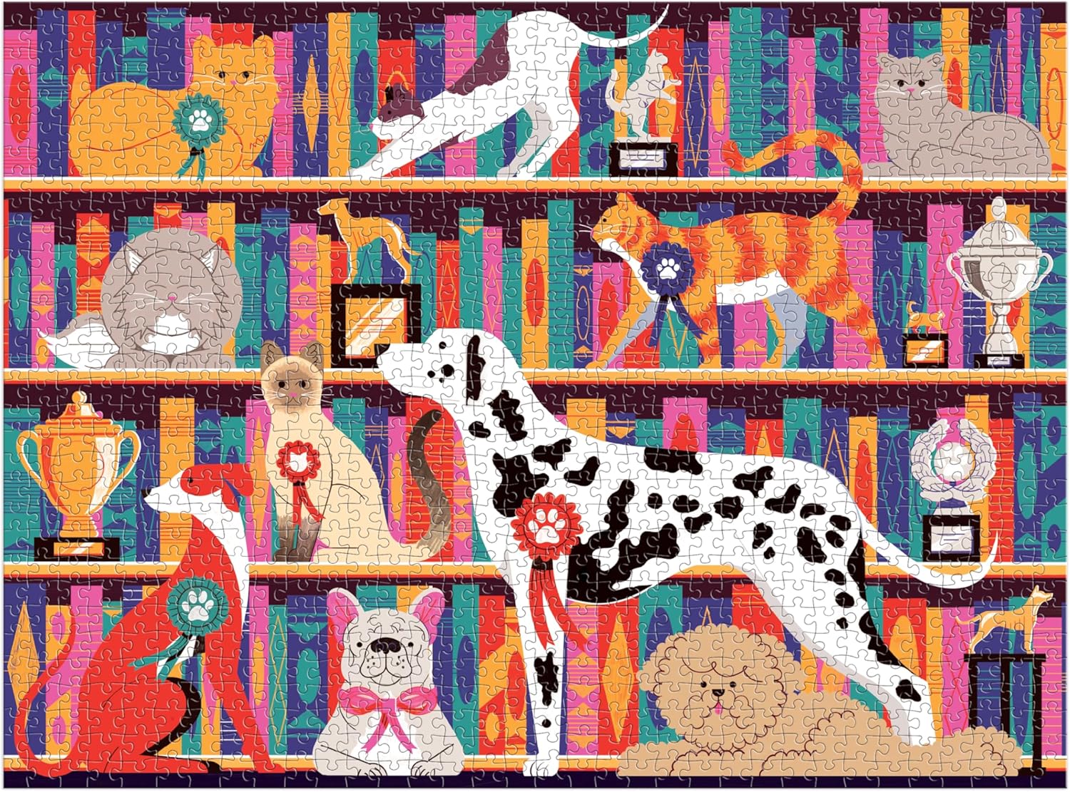 Kolorowe puzzle 1000 elementów dla dorosłych z ilustracją różnych ras psów i kotów na tle książek