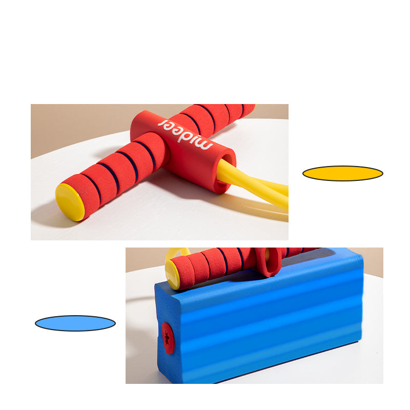 Mideer skoczek pogo dla dzieci z czerwono-żółtymi uchwytami i niebieską platformą do skakania