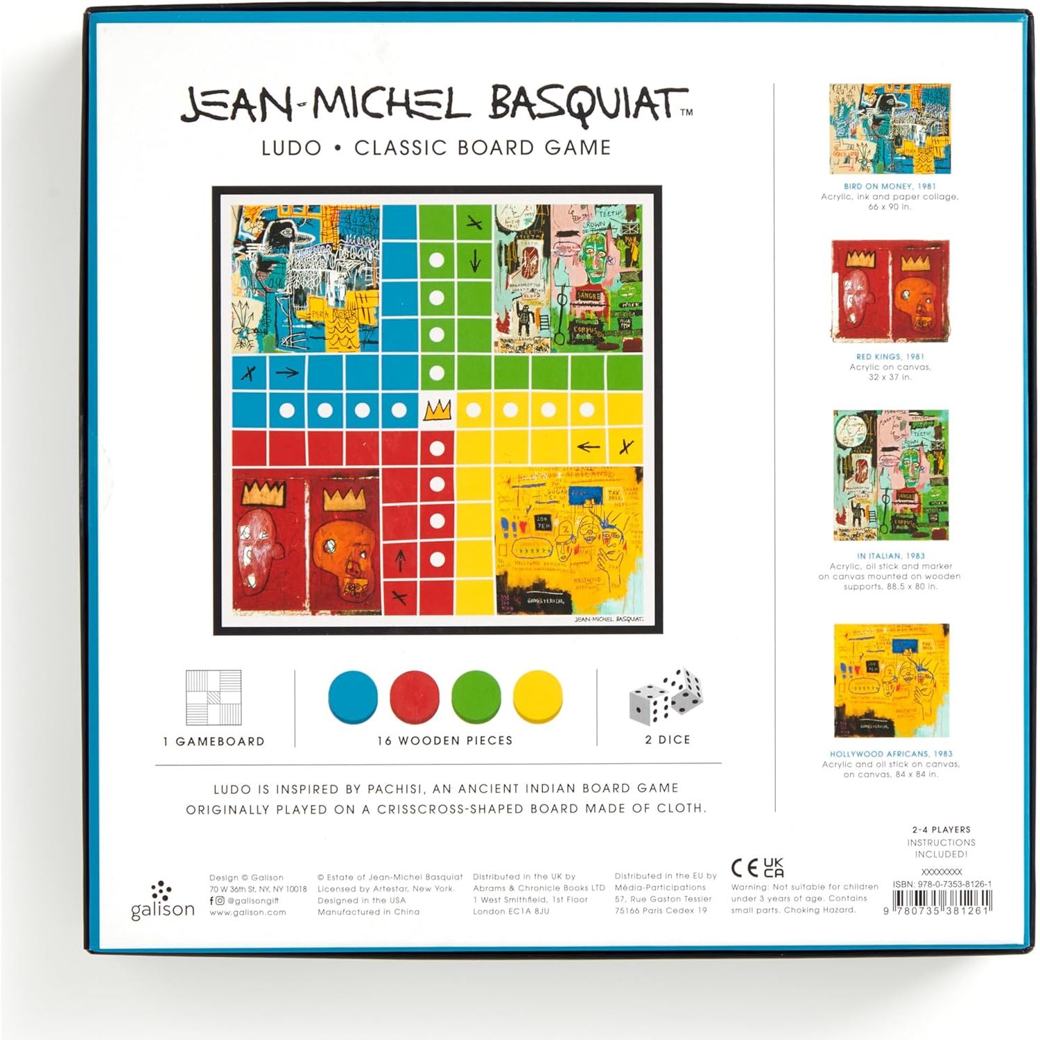Ludo gra planszowa Basquiat z kolorową planszą inspirowaną dziełami Jean-Michel Basquiata