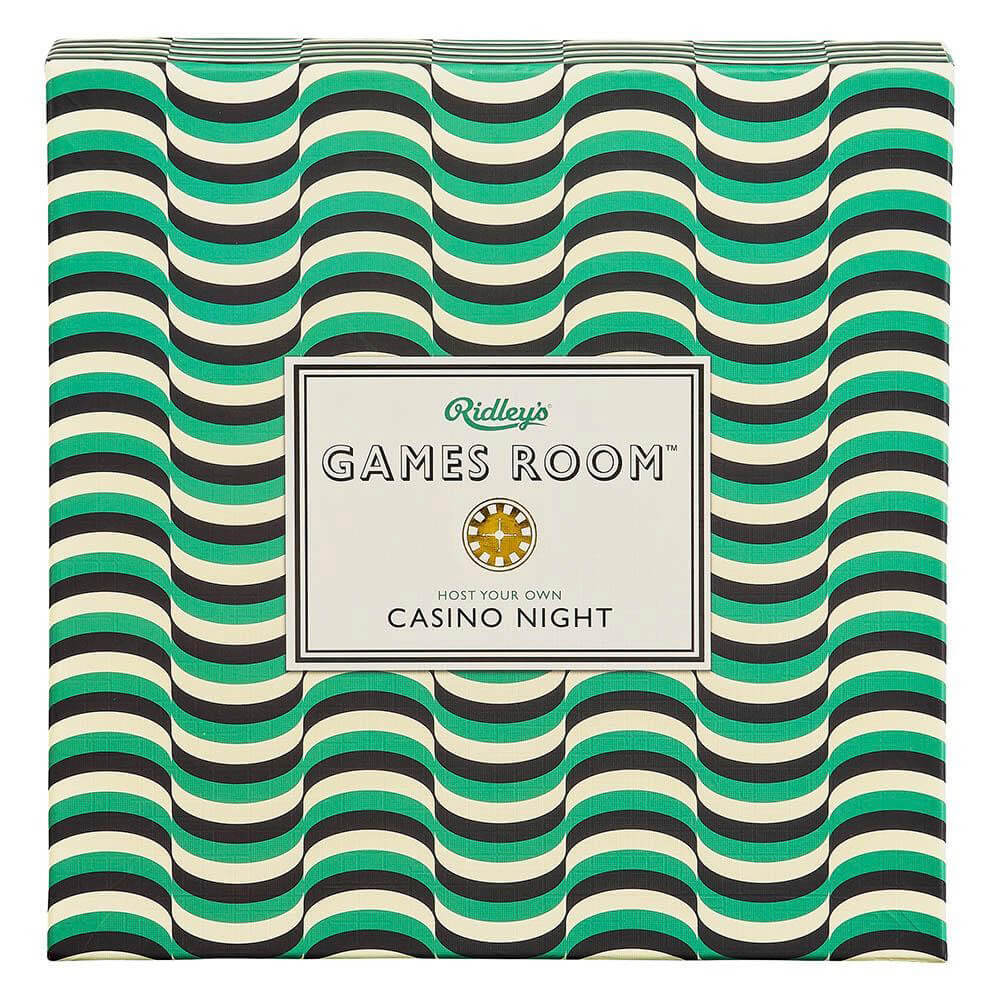 Opakowanie gry noc w kasynie od BV JACOB COMPANY z retro wzorem fal w kolorach zielonym i czarnym