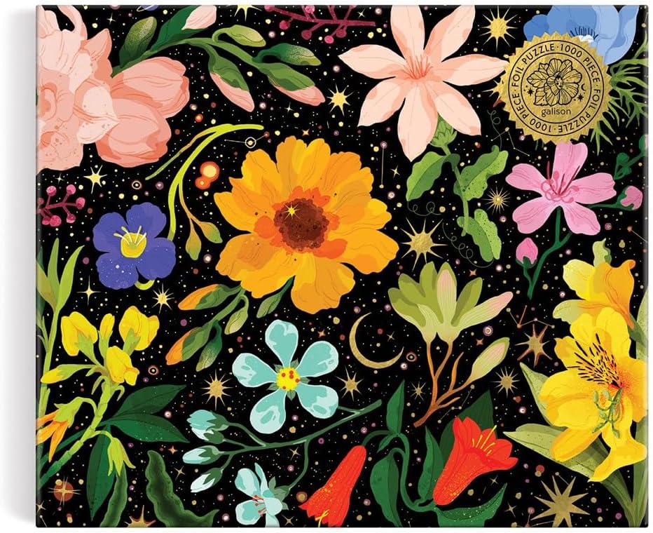 Kolorowy puzzle Galison 1000 elementów z motywem kwiatów na czarnym tle z gwiazdami