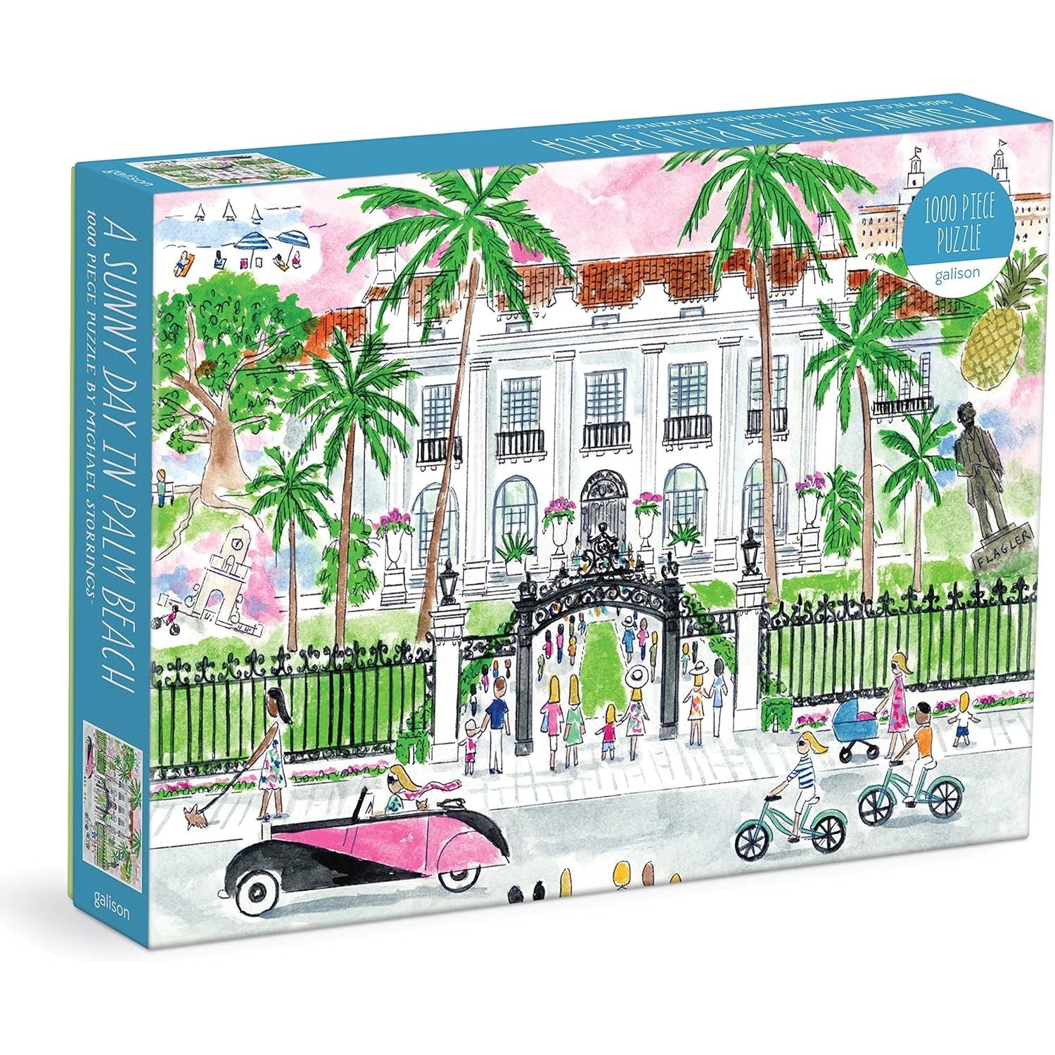 Puzzle 1000 elementów Palm Beach od Galison z ilustracją słonecznego dnia i palmami na opakowaniu