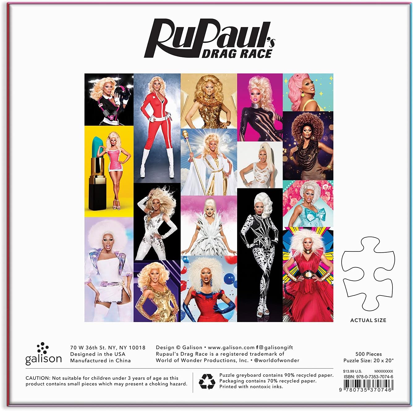 Puzzle RuPaul's Drag Race 500 elementów z kolorowymi wizerunkami uczestników i logo Galison