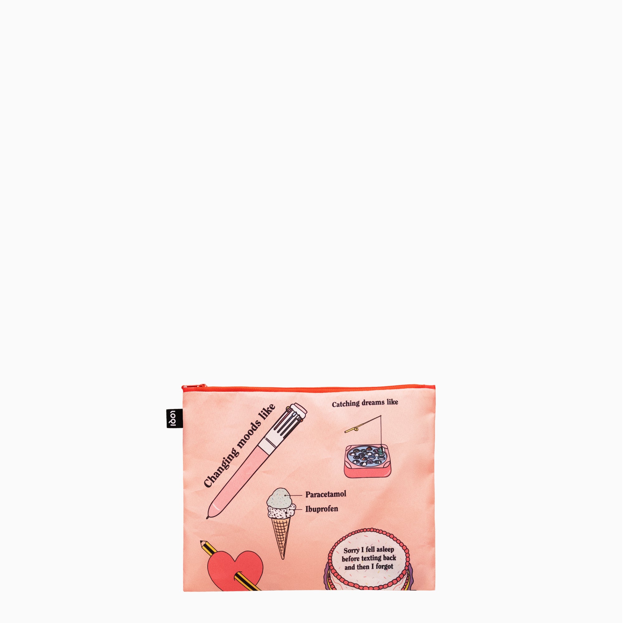 Zestaw saszetek LOQI różowa saszetka z nadrukiem długopisu, lodów, serca i kubka