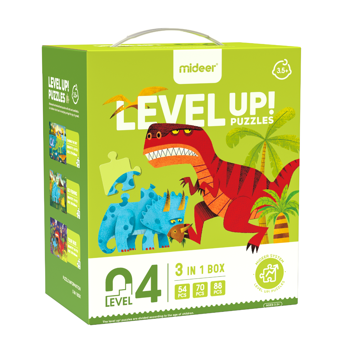 Zaawansowane puzzle dinozaury dla dzieci w kolorowym opakowaniu z trzema modelami dinozaurów