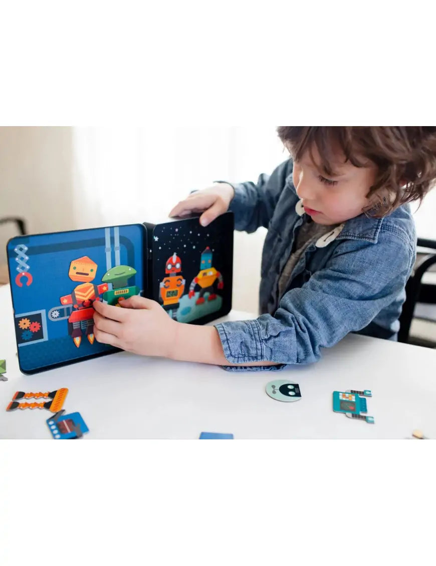 Dziecko bawiące się magnetyczną układanką roboty marki Yamann przy stole