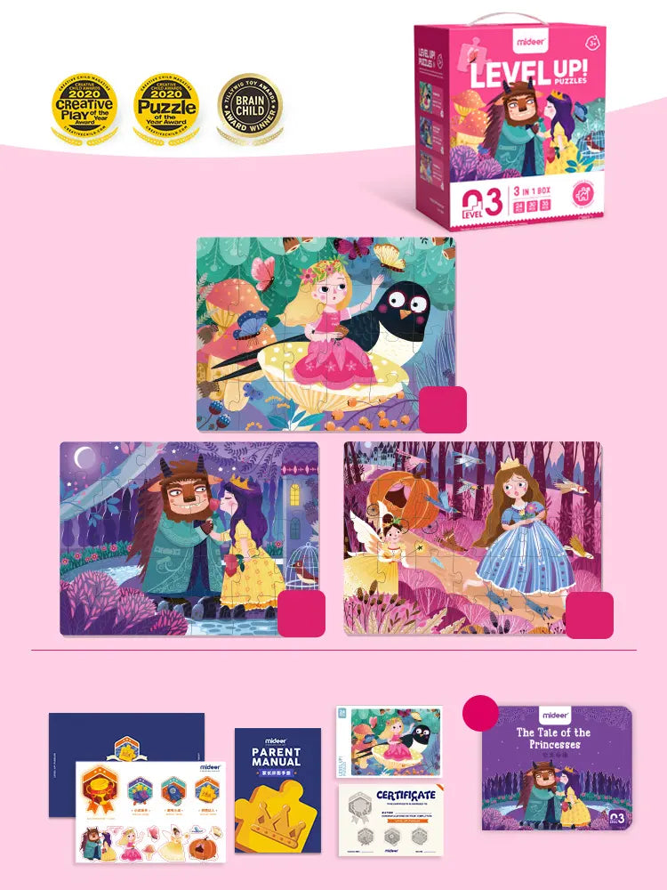 Puzzle dla dzieci średnio zaawansowanych Level Up z bajkowymi ilustracjami od Yamann