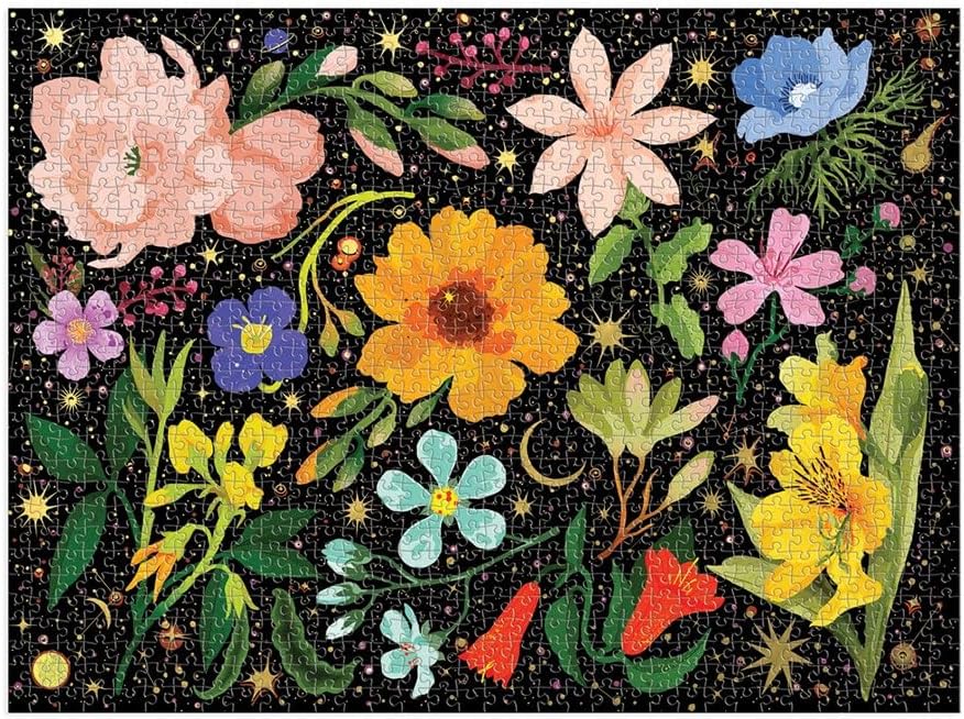 Kolorowe puzzle Galison 1000 elementów z motywem różnych kwiatów na czarnym tle