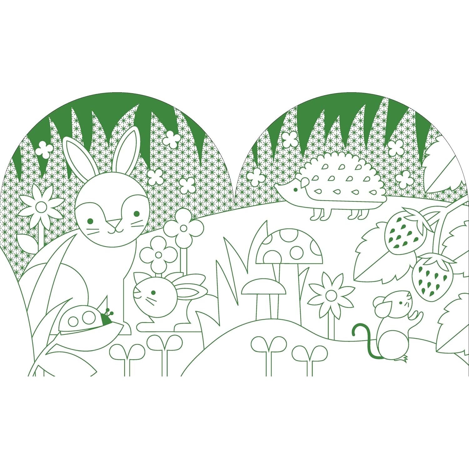 Kolorowanka świat zwierząt dla dzieci z obrazkami królika, jeża, myszy i roślin na zielonym tle