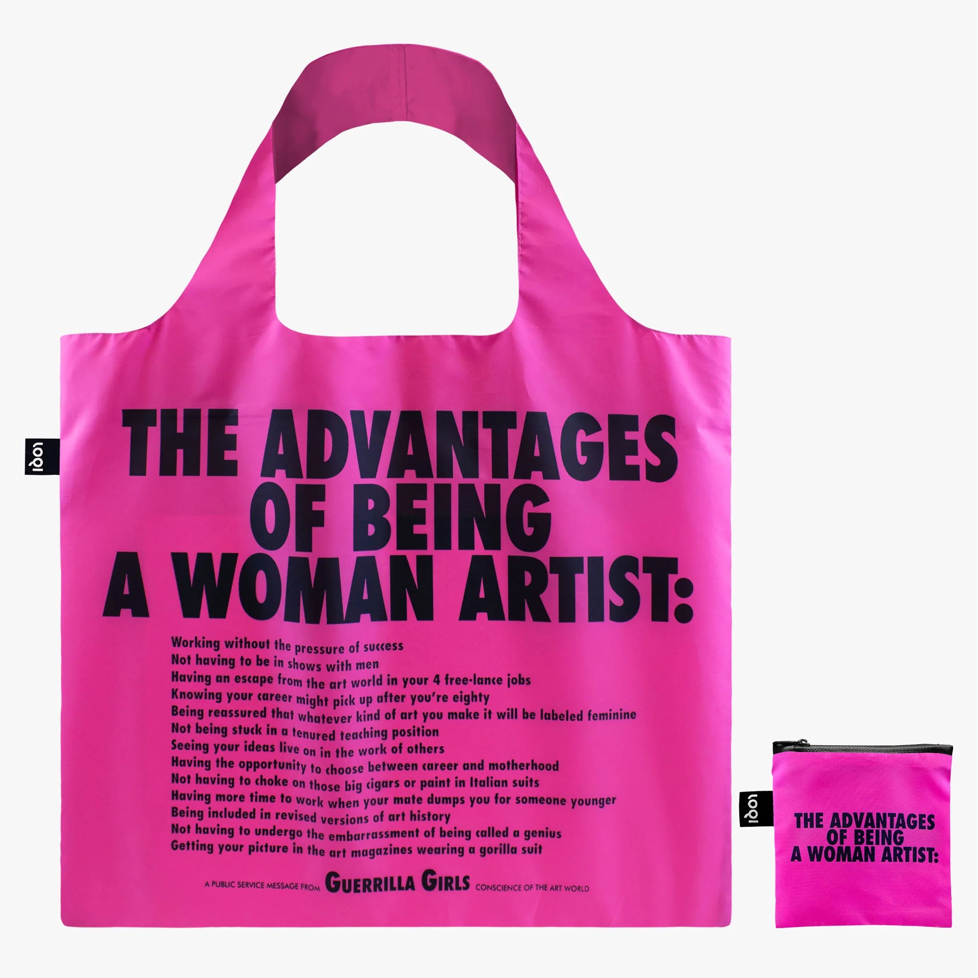 Różowa torba LOQI Guerrilla Girls z czarnym napisem The Advantages of Being a Woman Artist