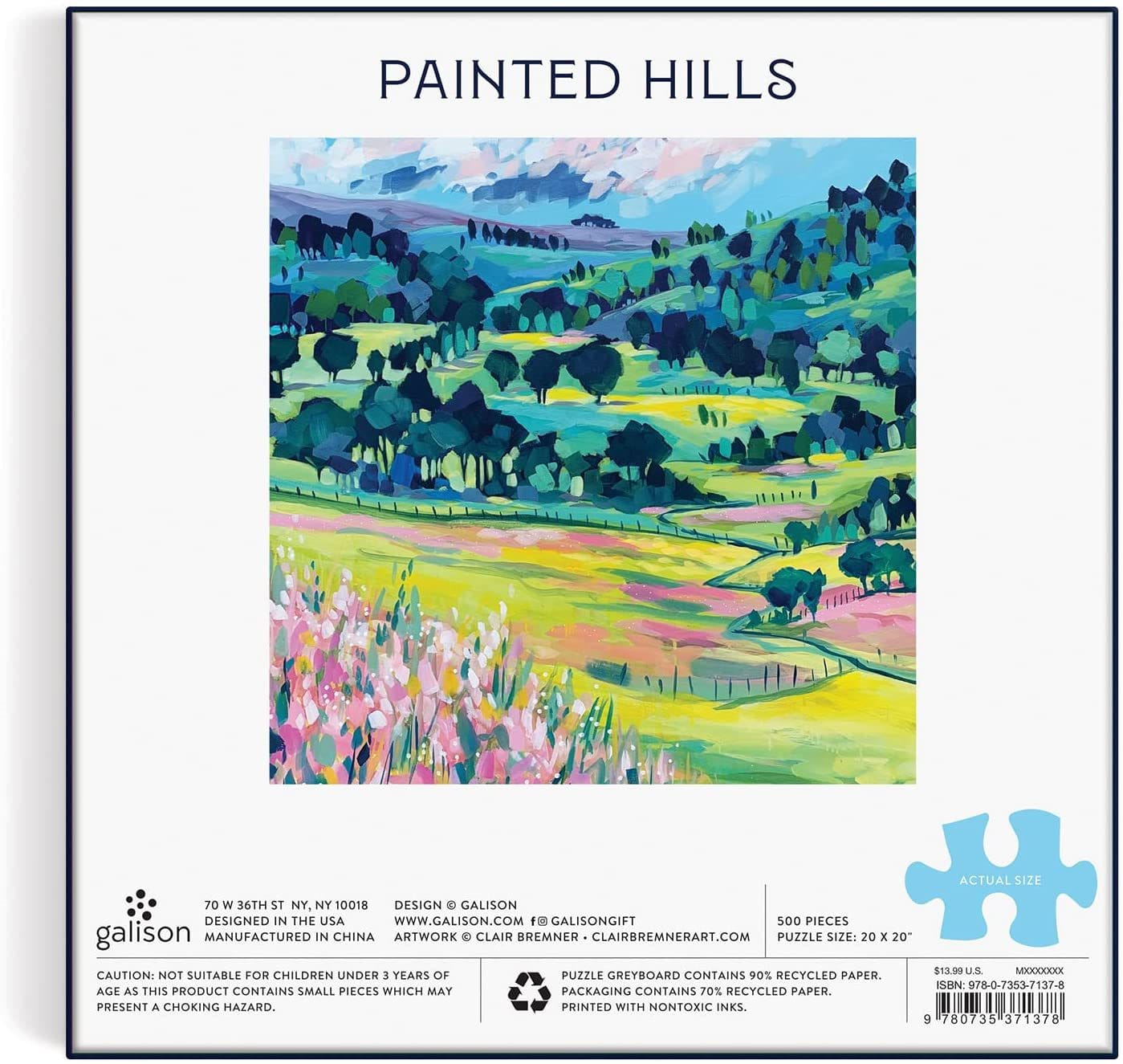 Puzzle Galison 500 elementów z kolorowym obrazem malowanych wzgórz na opakowaniu
