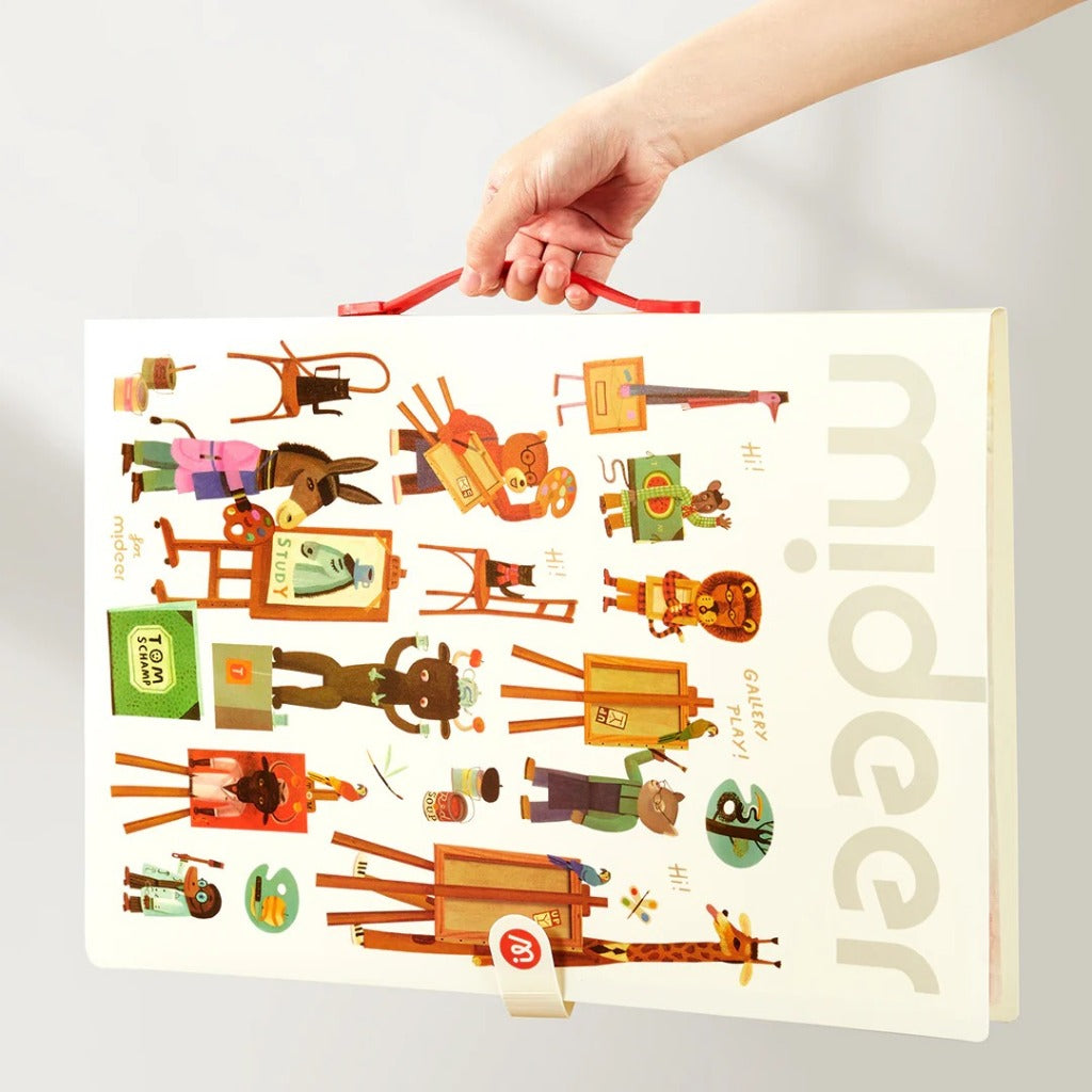 Teczka na prace plastyczne dla dzieci marki mideer z kolorowymi zwierzęcymi ilustracjami i uchwytem