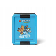 Lunchbox LEGO Ninjago niebieski z postaciami ninja i czarnymi zatrzaskami idealny na przekąski