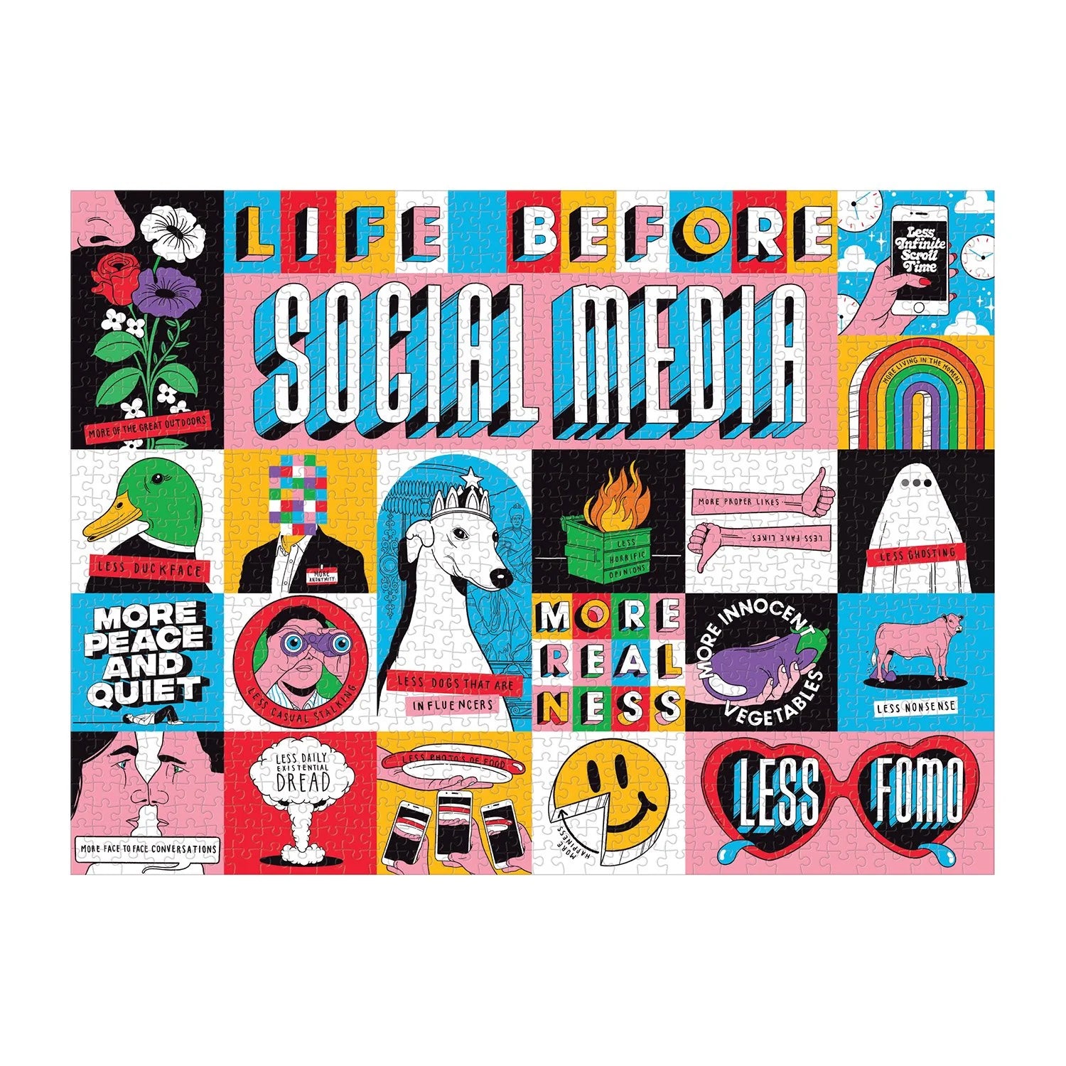 Puzzle 1000 elementów dla dorosłych Galison z kolorowymi grafikami i napisami o życiu przed social media