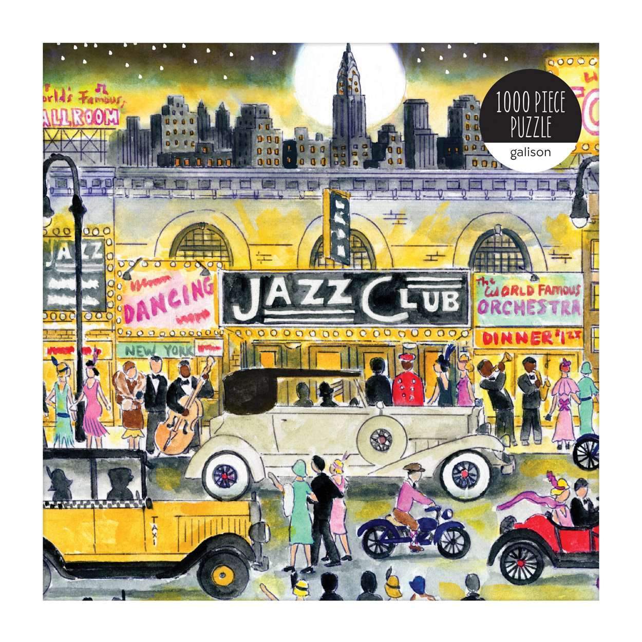 puzzle Jazz Age 100 elementów z ilustracją klubu jazzowego i retro samochodami nocą