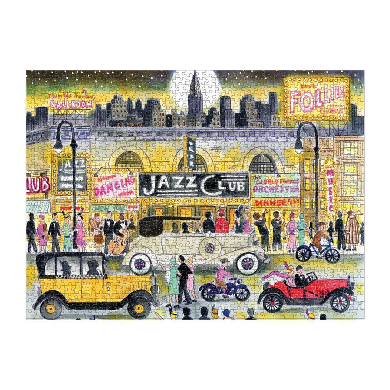 Puzzle Jazz Age 100 elementów z ilustracją sceny jazzowego klubu i retro samochodów