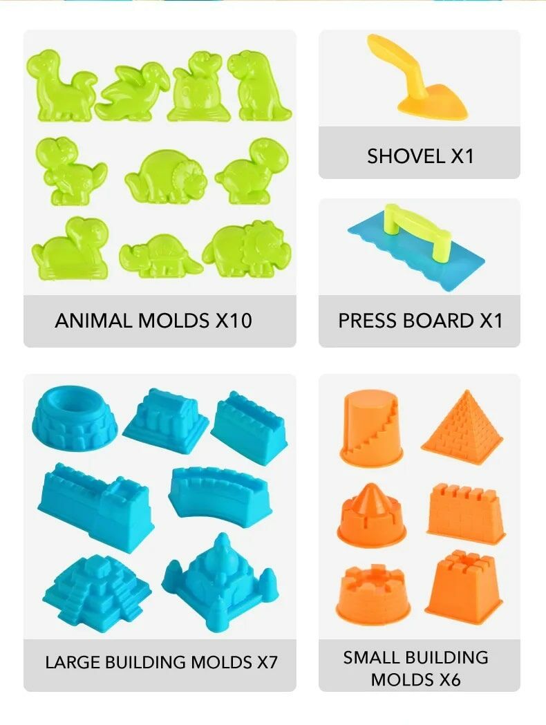 Zestaw foremek do piasku w kształcie zwierząt i budowli oraz akcesoria do piasek magiczny dla dzieci