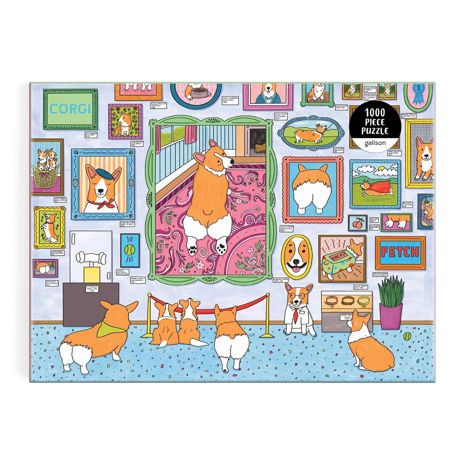 Puzzle 1000 elementów corgi z ilustracją psów corgi oglądających obrazy w galerii
