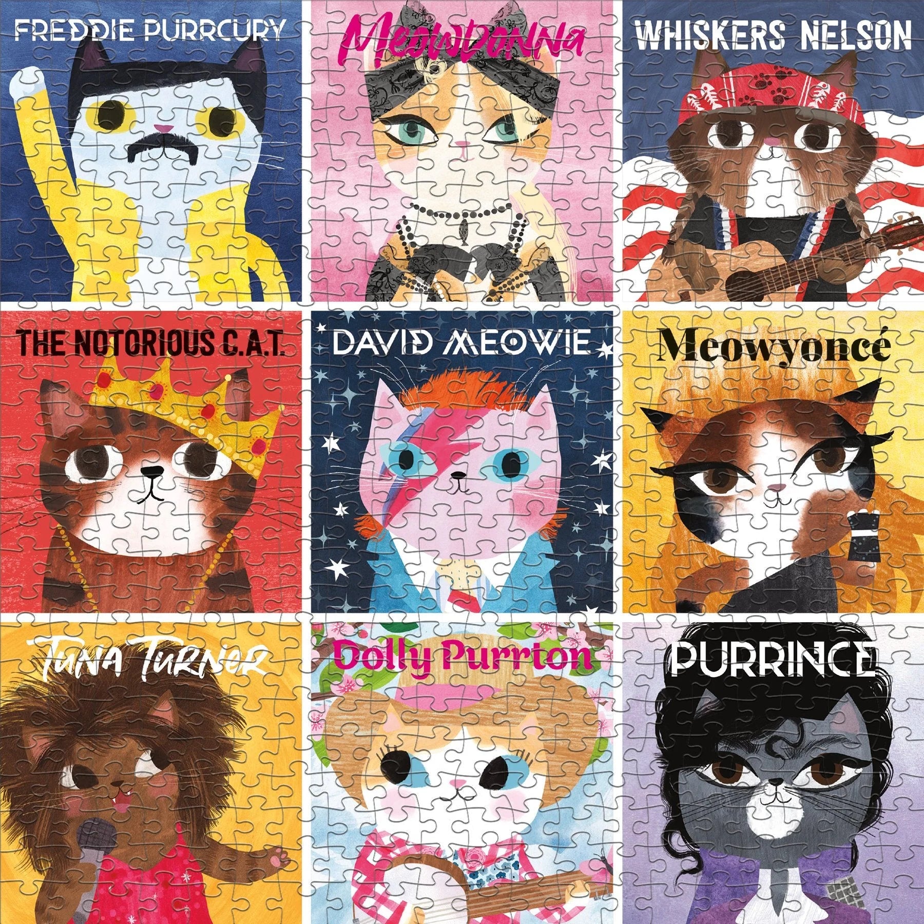 Kolorowe puzzle koty muzyczne 500 elementów z ilustracjami kotów inspirowanych słynnymi muzykami